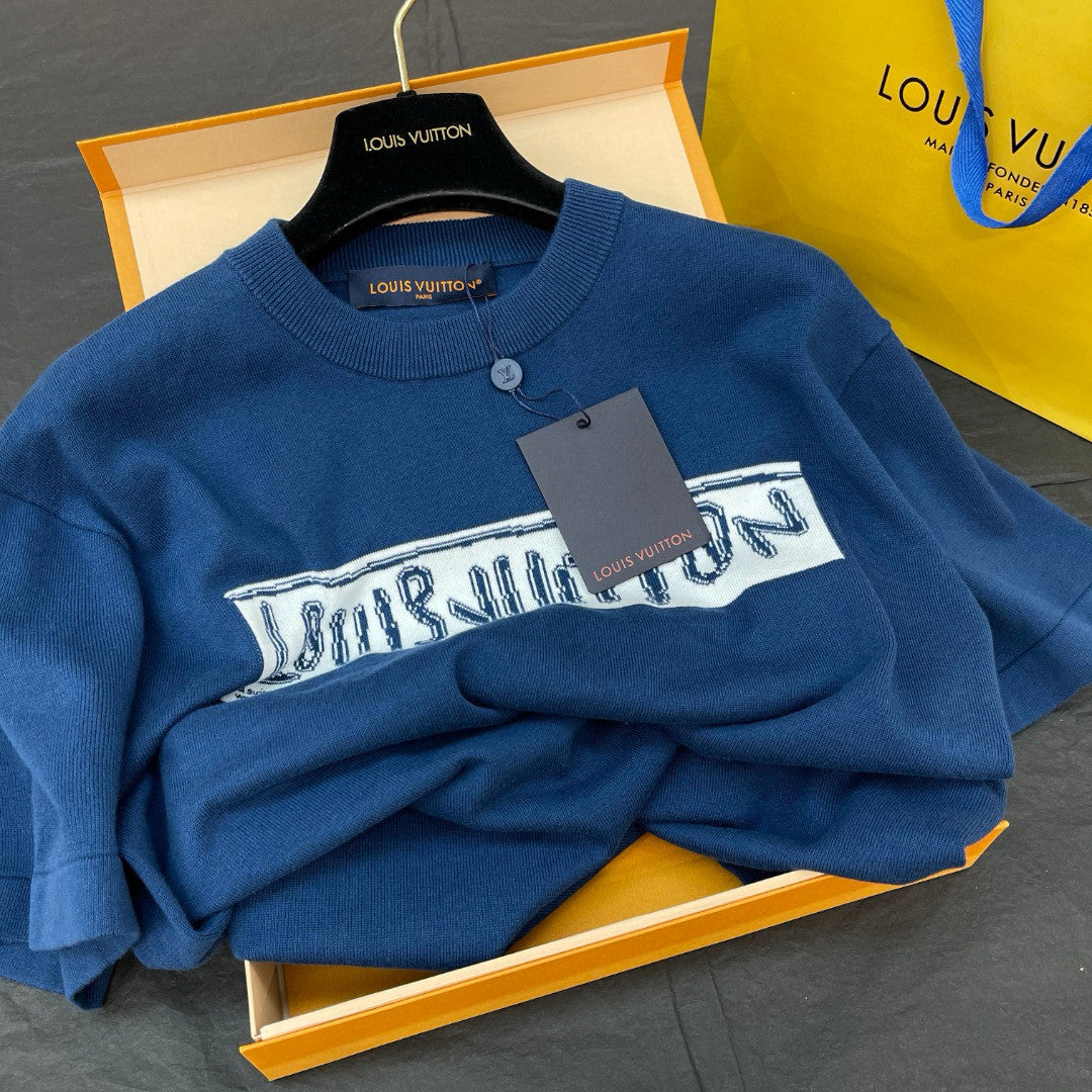 Louis Vuitton Men's Summer Blue Letter Printed Straight Round Neck Cotton Short Sleeve T-Shirt #98444