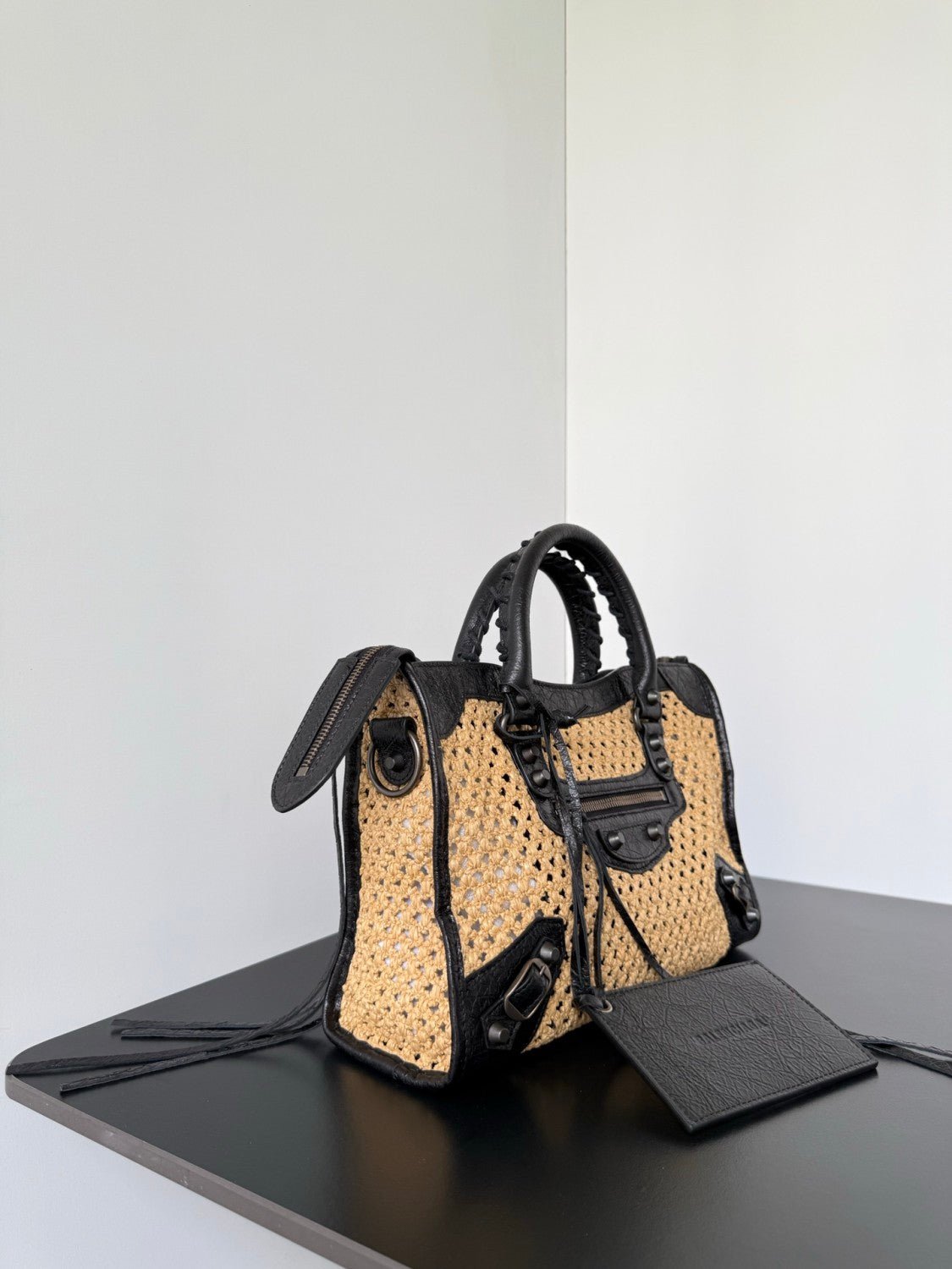 Balenciaga Le City Raffia-effect Fabric Small Handbag Black And White Fashionable Classic Handbag And Crossbody Bag Bags #84325A