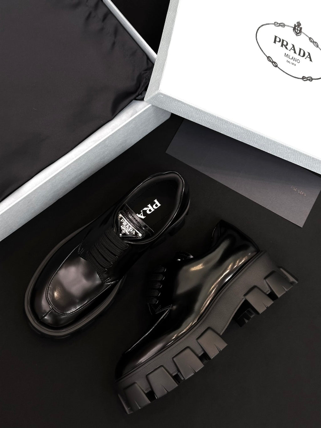 Prada Women's Spring/Fall Fashion Classic Round Toe Lace Up Slip On Triangle Logo Emblem Leather Chunky Sole Loafers Shoes #78529