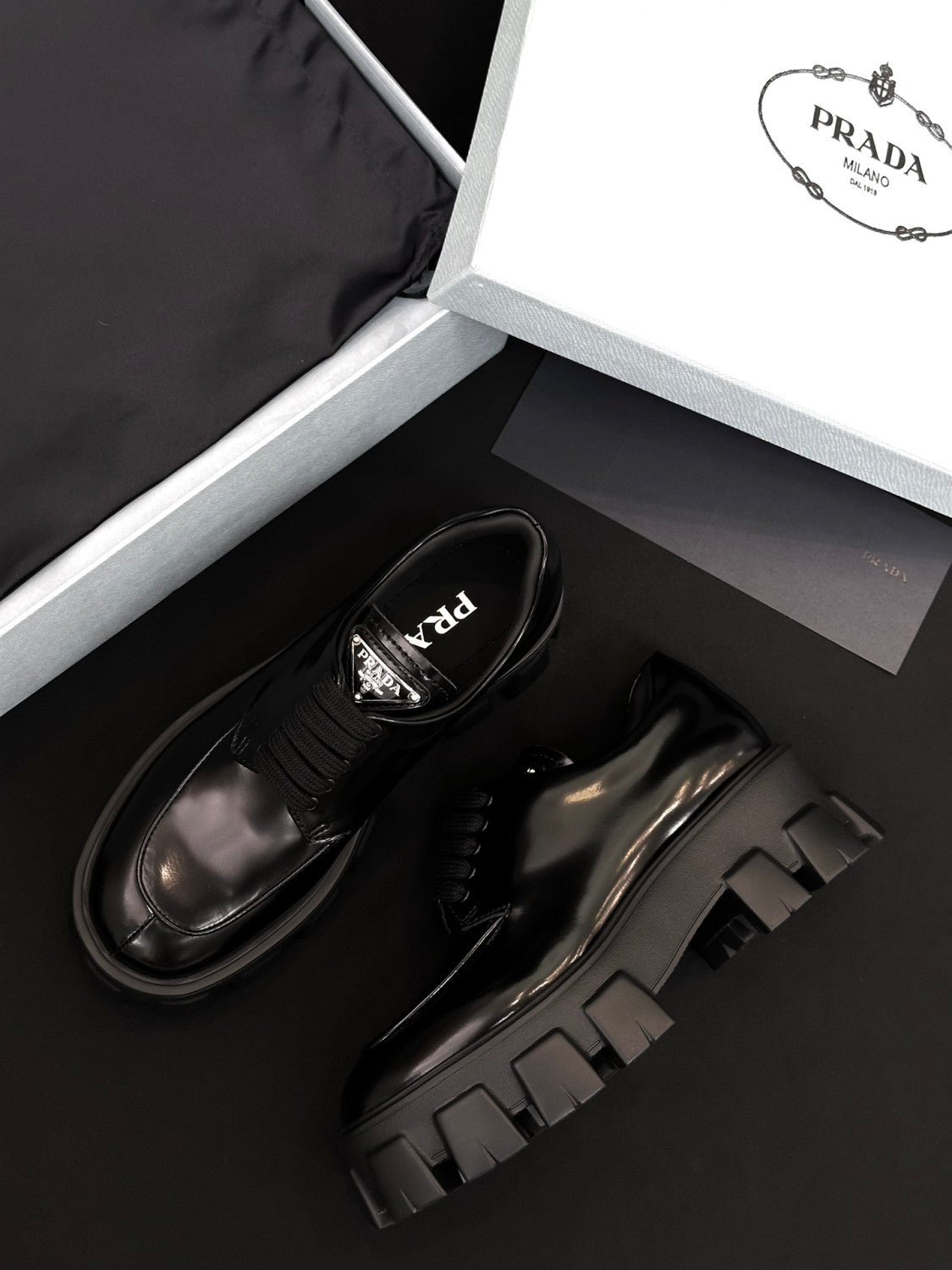 Prada Women's Spring/Fall Fashion Classic Round Toe Lace Up Slip On Triangle Logo Emblem Leather Chunky Sole Loafers Shoes #78529