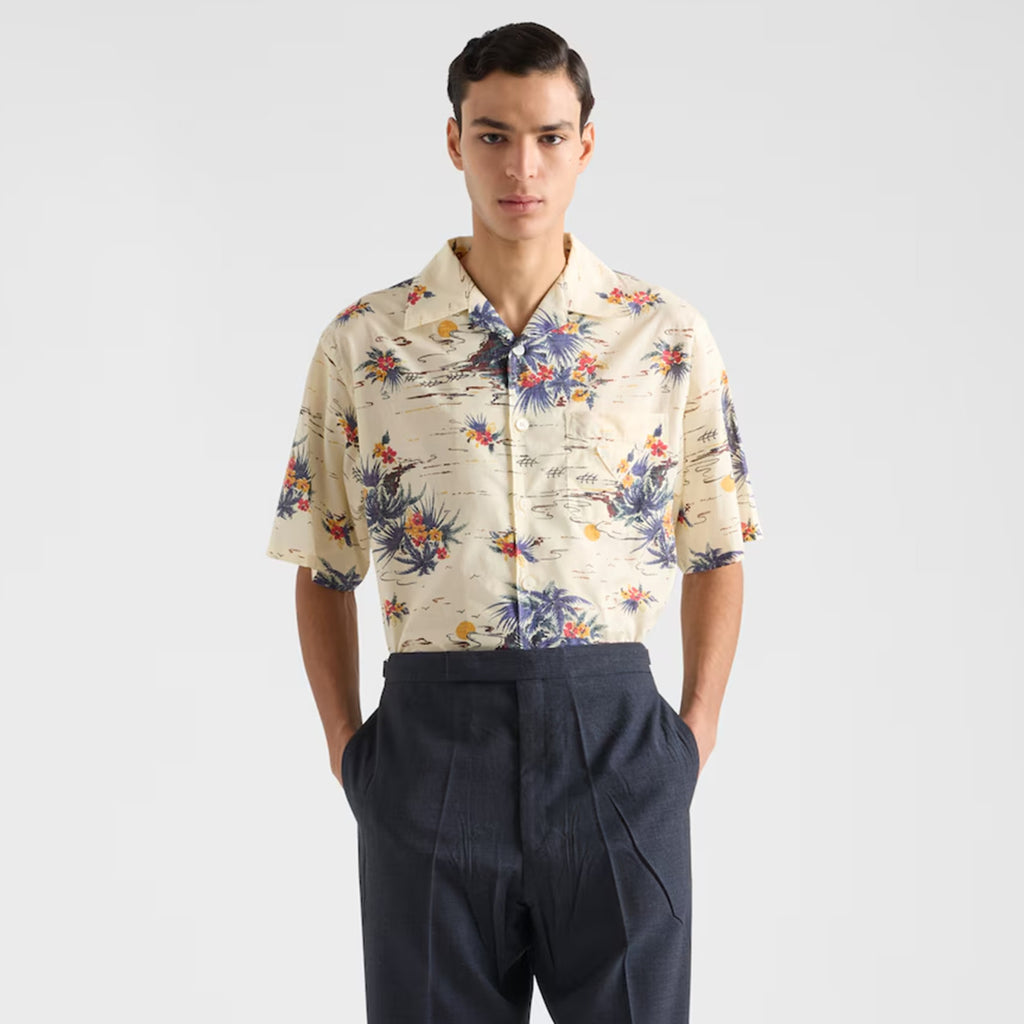 Prada Men's Women's Summer Floral Print Cotton Bowling Shirt Hawaiian Beach Style Short Sleeve Shirt T-shirt Ngvp #1495