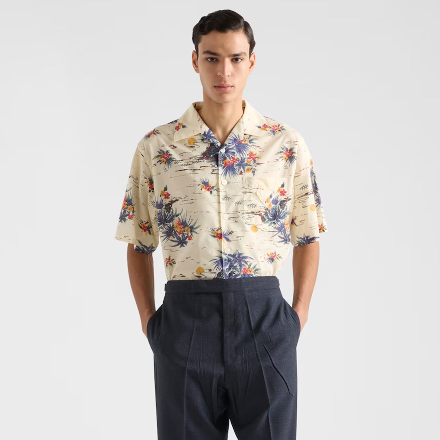 Prada Men's Women's Summer Floral Print Cotton Bowling Shirt Hawaiian Beach Style Short Sleeve Shirt T-shirt Ngvp #1495