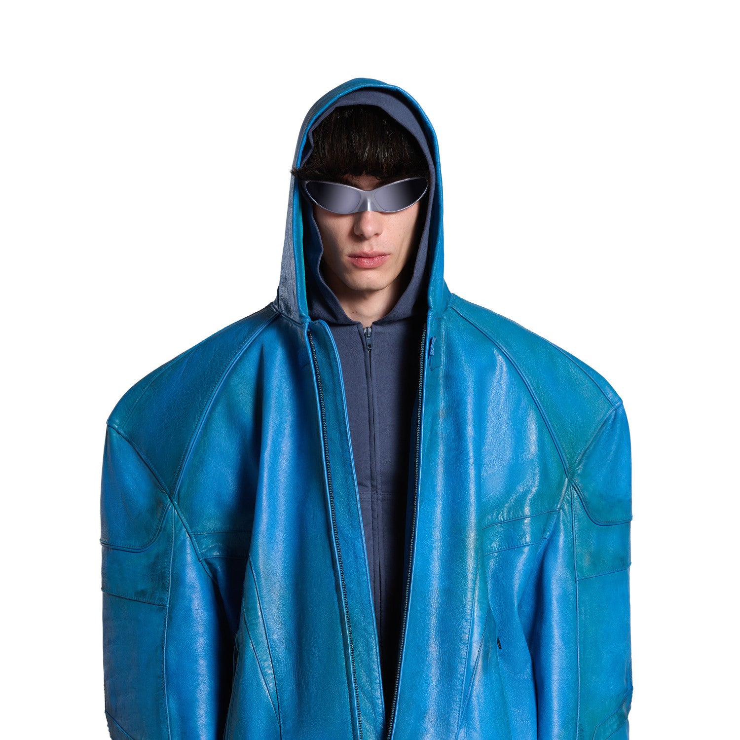 Balenciaga Men's Spring And Fall Fashion Zipper Blue Cowhide Hooded Long Sleeve Loose Biker Jacket Ngvp #8581