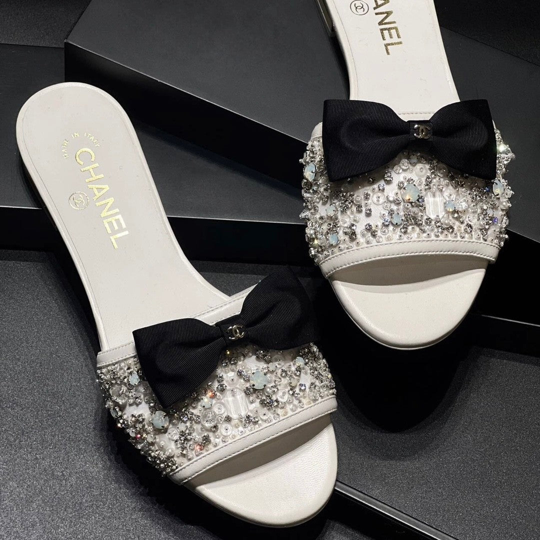 Chanel Women's Spring/Summer Fashion Casual Toe Exposed Flat Heeled Bow Logo Diamond Mary Jane Shoes #78229