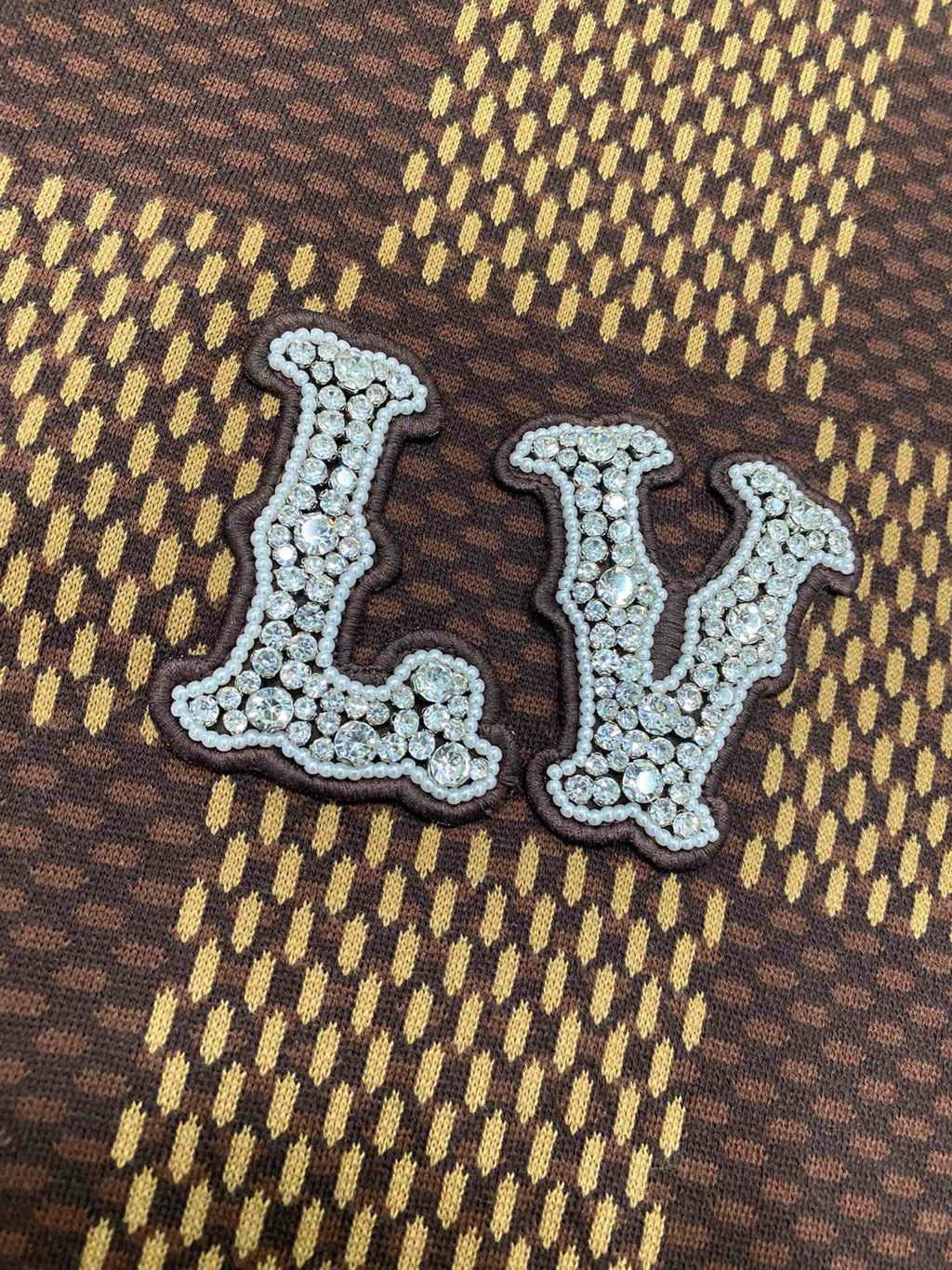 Louis Vuitton Men's Damier Imitation Crystal Applique Checkerboard Checkerboard Summer Cotton Solid Color Short Sleeve Round Neck Short Sleeve T-Shirt #81339