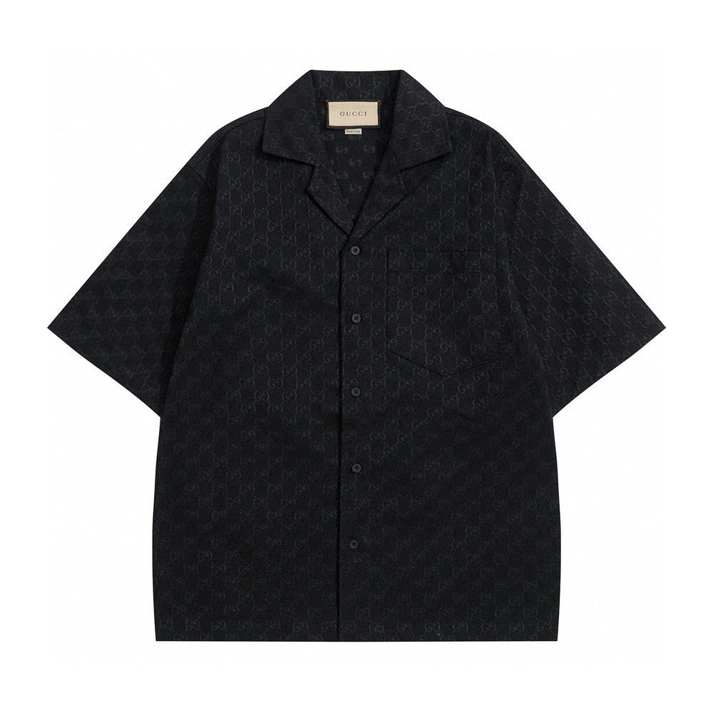 Gucci Men's Summer Black Full Printed Linen Short Sleeve Lapel Cotton Shirt Stretch Shorts Suit Set #98562