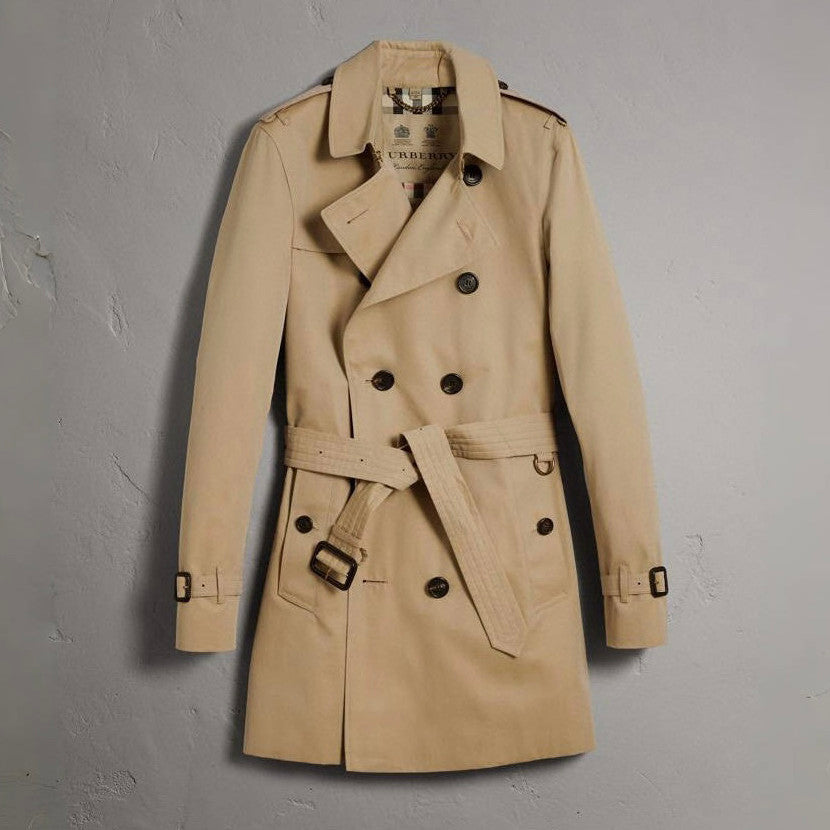 Burberry Men's Spring and Autumn Solid Color Double Breasted Mid-Length Waist Trench Coat Jacket #72856