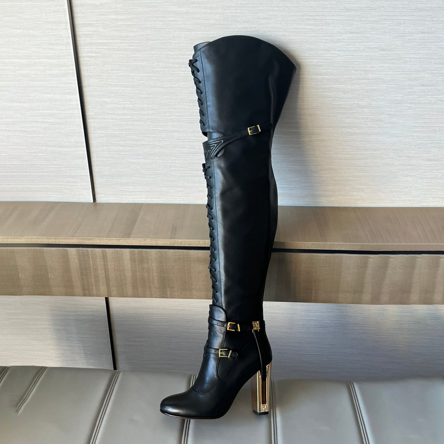 FENDI Women's Classic Solid Color Round-Toe Calfskin Over The Knee Boots For Fall/Winter Shoe #78957