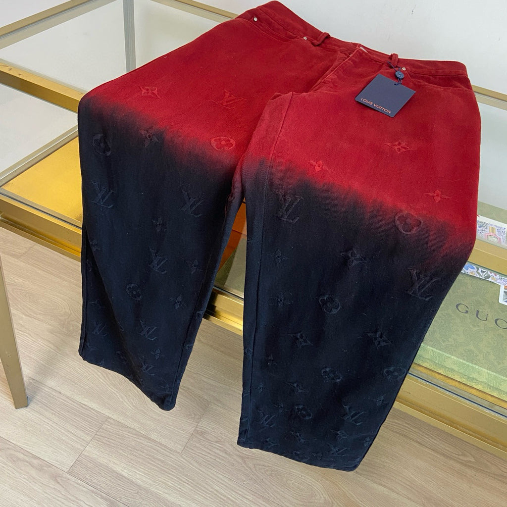 Louis Vuitton Men's Fall/Winter Black and Red Gradient Embroidered Logo Patterns Straight Leg Jeans Pants #98169