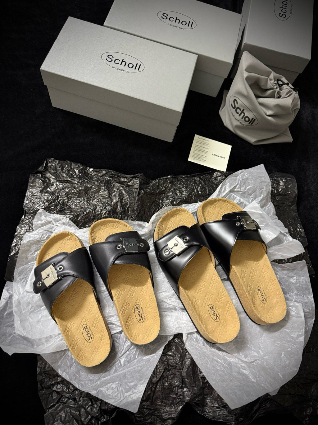 Balenciaga Scholl Men's and Women's Summer Black Cowhide Leather Flat Sandals Slippers Shoes #77655