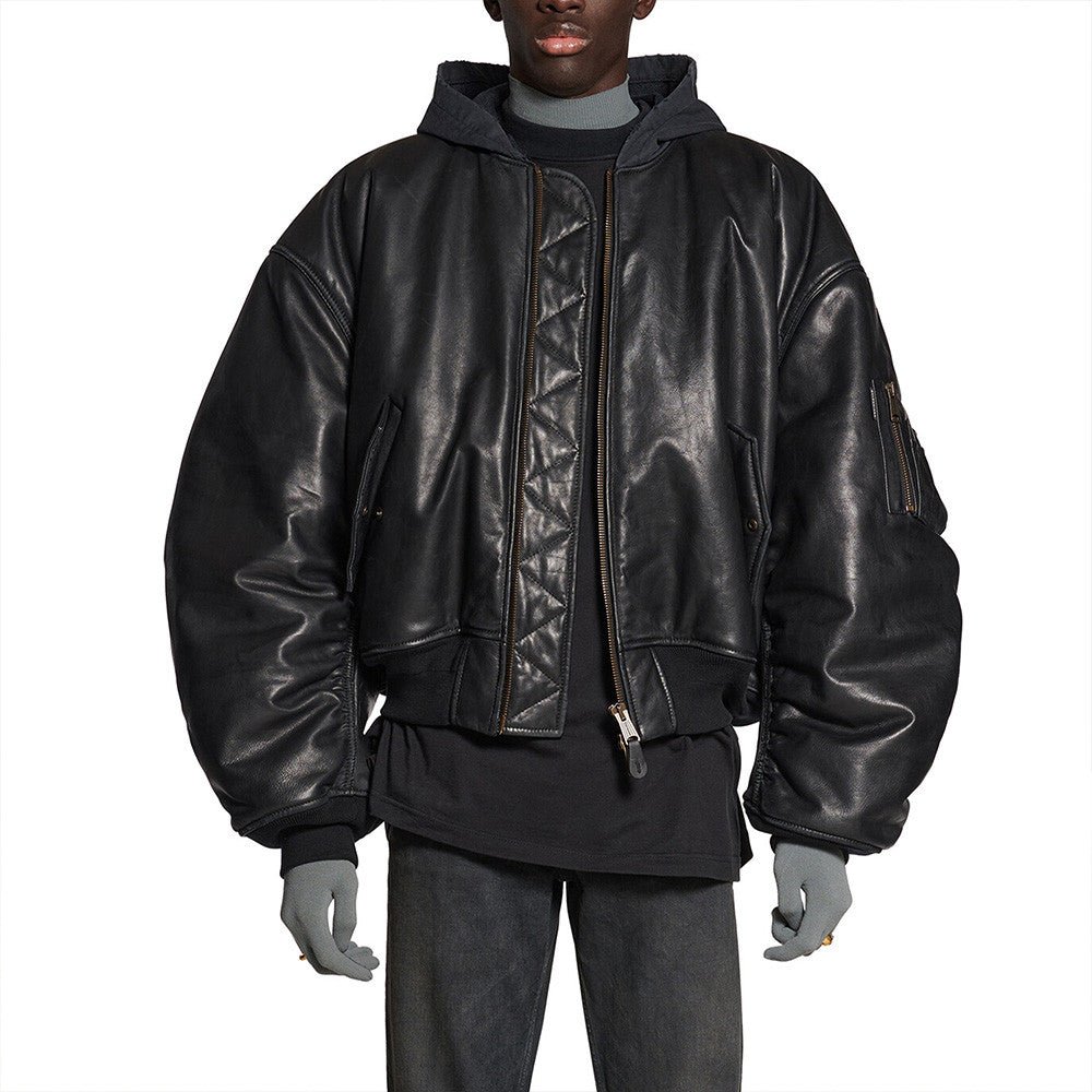 Balenciaga Men's Winter Black Zipper Long Sleeve Hooded Pilot Loose Leather Jacket Ngvp #6986