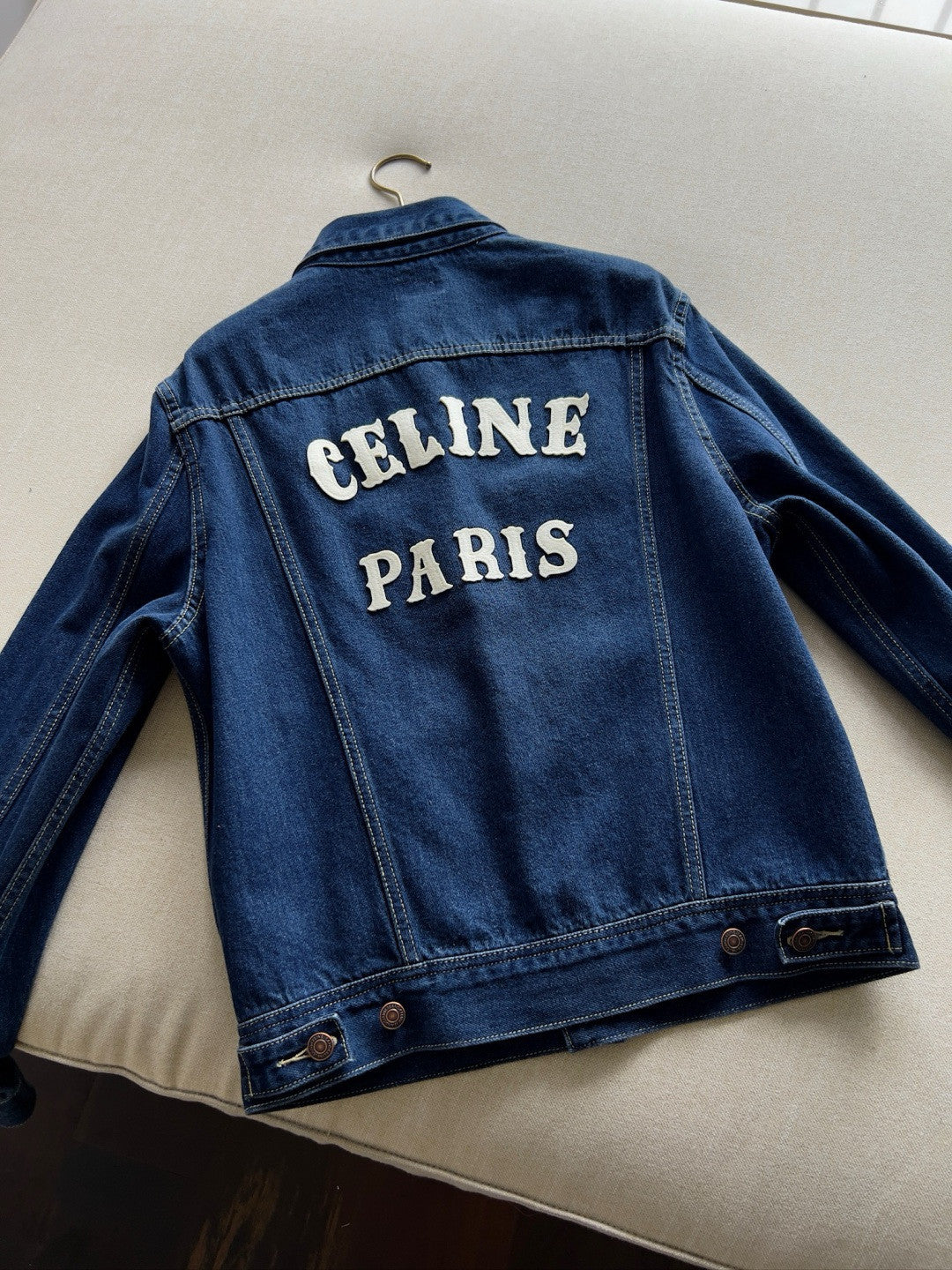Celine Men's And Women's Spring And Autumn Solid Color Letter Print Single Breasted Long Sleeved Denim Jacket #77737