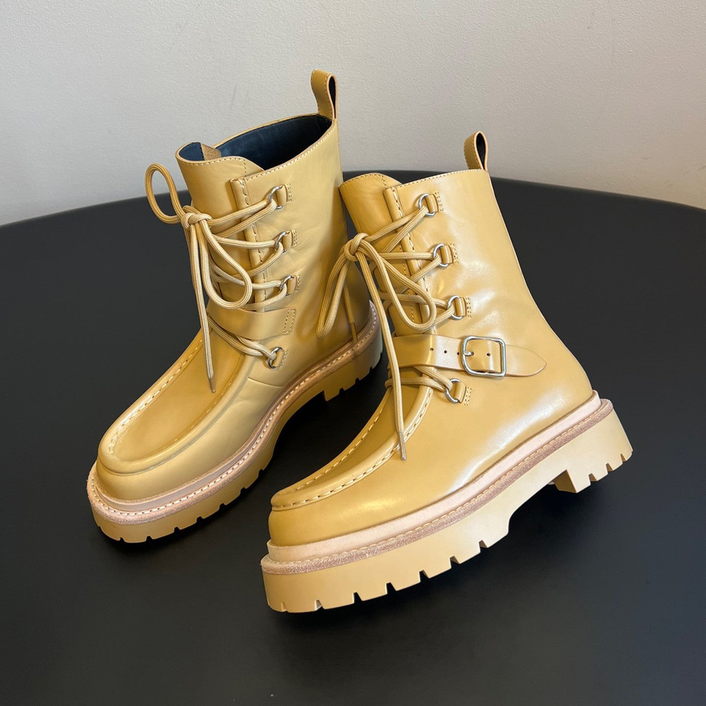 Hermes Women's Fall/Winter Land Ankle Boots Solid-Color Cowhide Lace-Up Short Boots Outdoor Boots Heel Height: 3.5cm Shoes Ngvp #2325