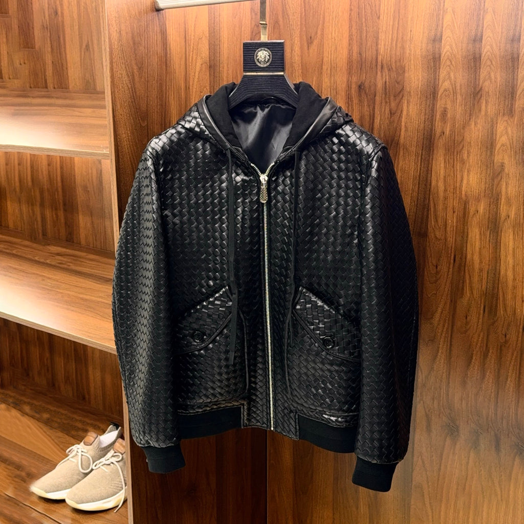 Bottega Veneta Men's And Women's Spring/Fall Fashion Casual Solid Color Hooded Zipper Shearling Hand Knitted Hooded Jacket with Large Pockets Leather Jacket Outerwear Jacket #78991