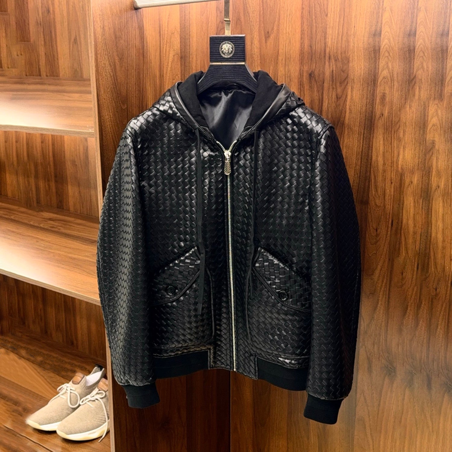 Bottega Veneta Men's And Women's Spring/Fall Fashion Casual Solid Color Hooded Zipper Shearling Hand Knitted Hooded Jacket with Large Pockets Leather Jacket Outerwear Jacket #78991