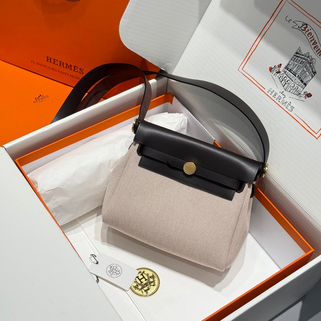 Hermes H -Mini Herbag Women's Color Blocking Metal Buckle Canvas and Cowhide Handbag Shoulder Satchel Bag Bags #76411