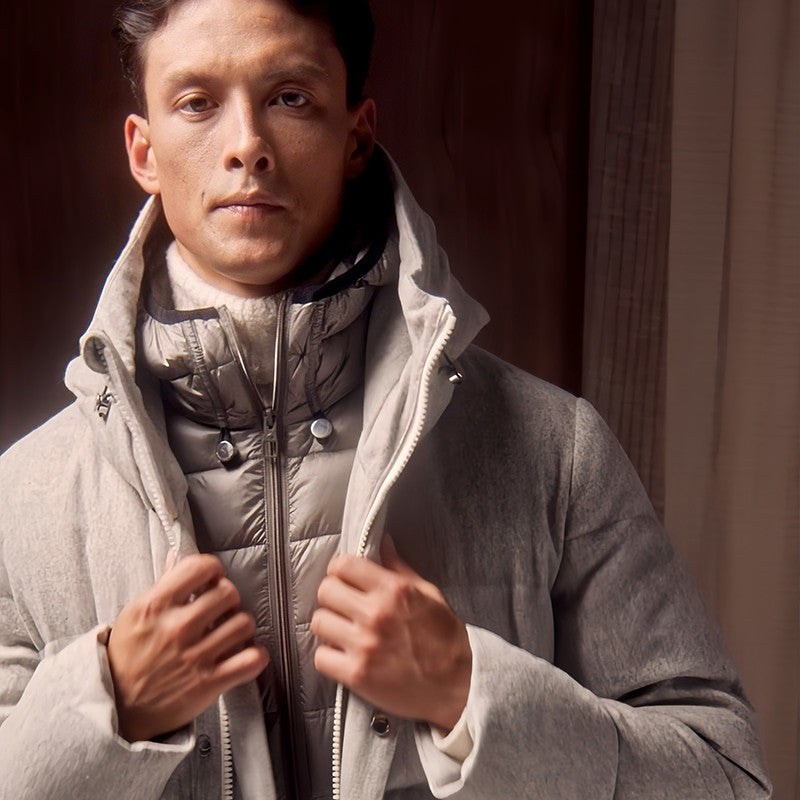 Montecore Men's Autumn And Winter Coat Casual Hooded  Zipper Stand Up Collar Wool Fabric Long Style Puffer Down Jacket Ngvp #7454