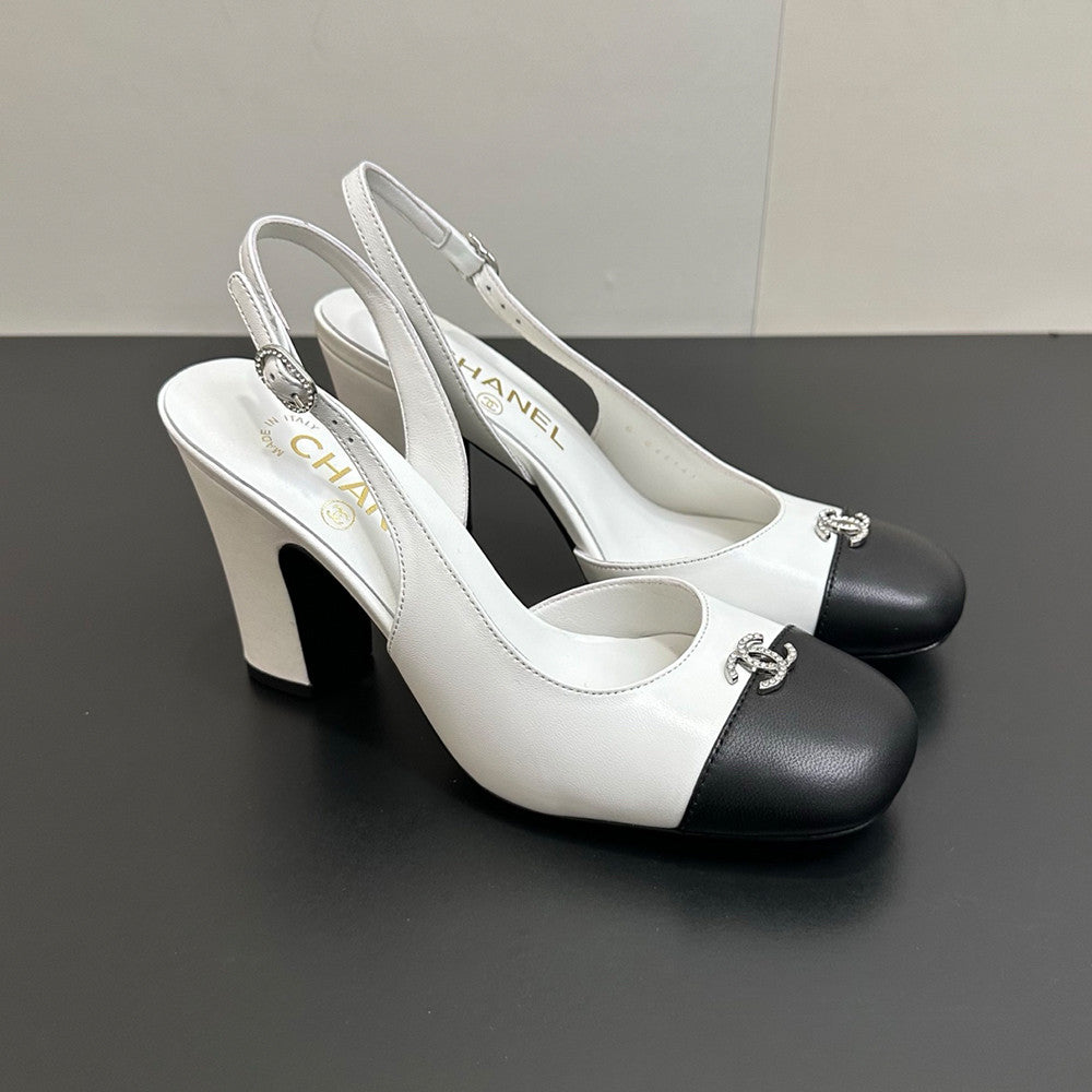 Chanel 9cm Heel Height Double C Thick Heel Back Hollow Color Block Stitching High Heel Sandals #333233