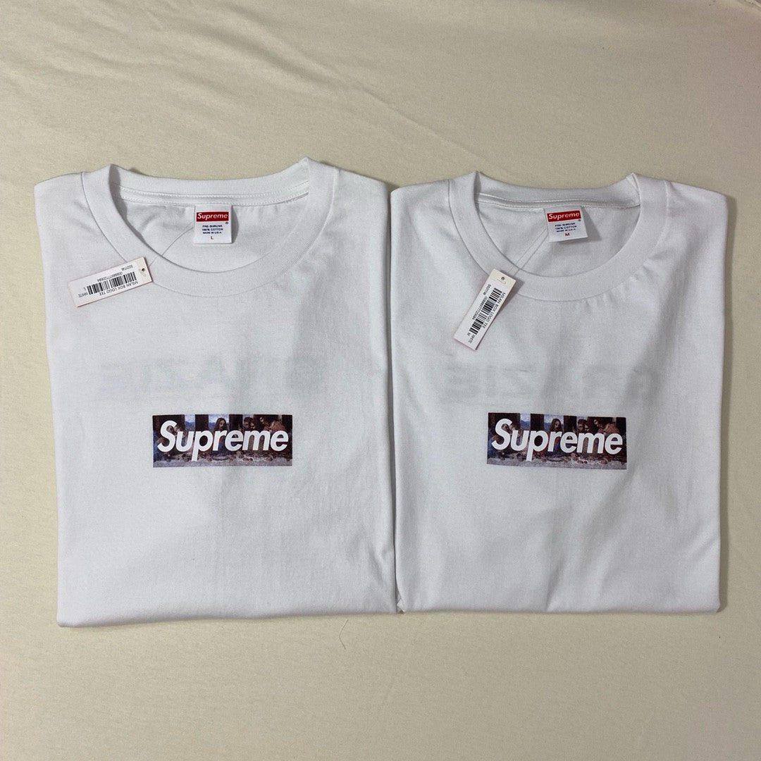 Supreme Week 11 Milan Last Supper Men's & Women's White Leonardo da Vinci The Last Supper Box Logo Print Solid Colour Casual Round Neck Short Sleeve T-Shirt #99265