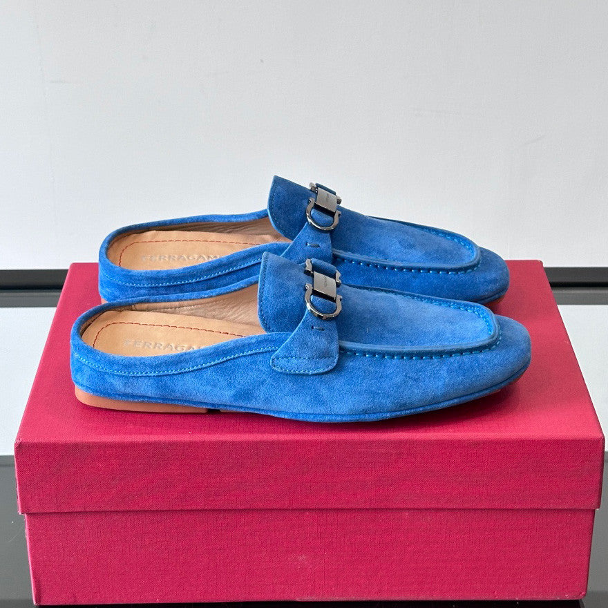 Ferragamo Men's Spring/Fall Solid Color Classic Calfskin Round Toe Open Back Mule Shoes #78195