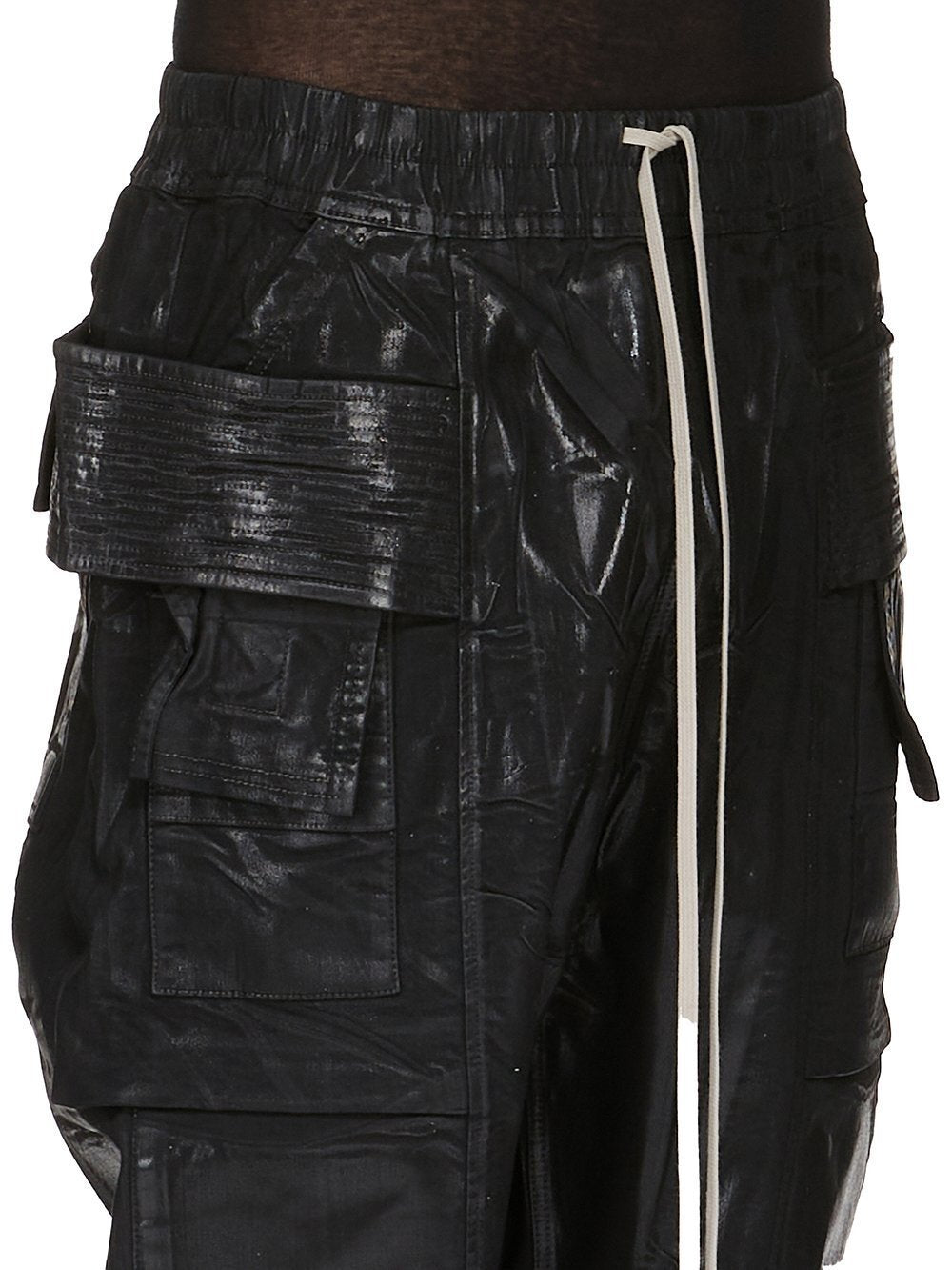 Rick Owens Dekshdw Men's Summer Flap Pocket Waxed Elastic Waist Solid Color Loose Fit Denim Shorts Ngvp #1548