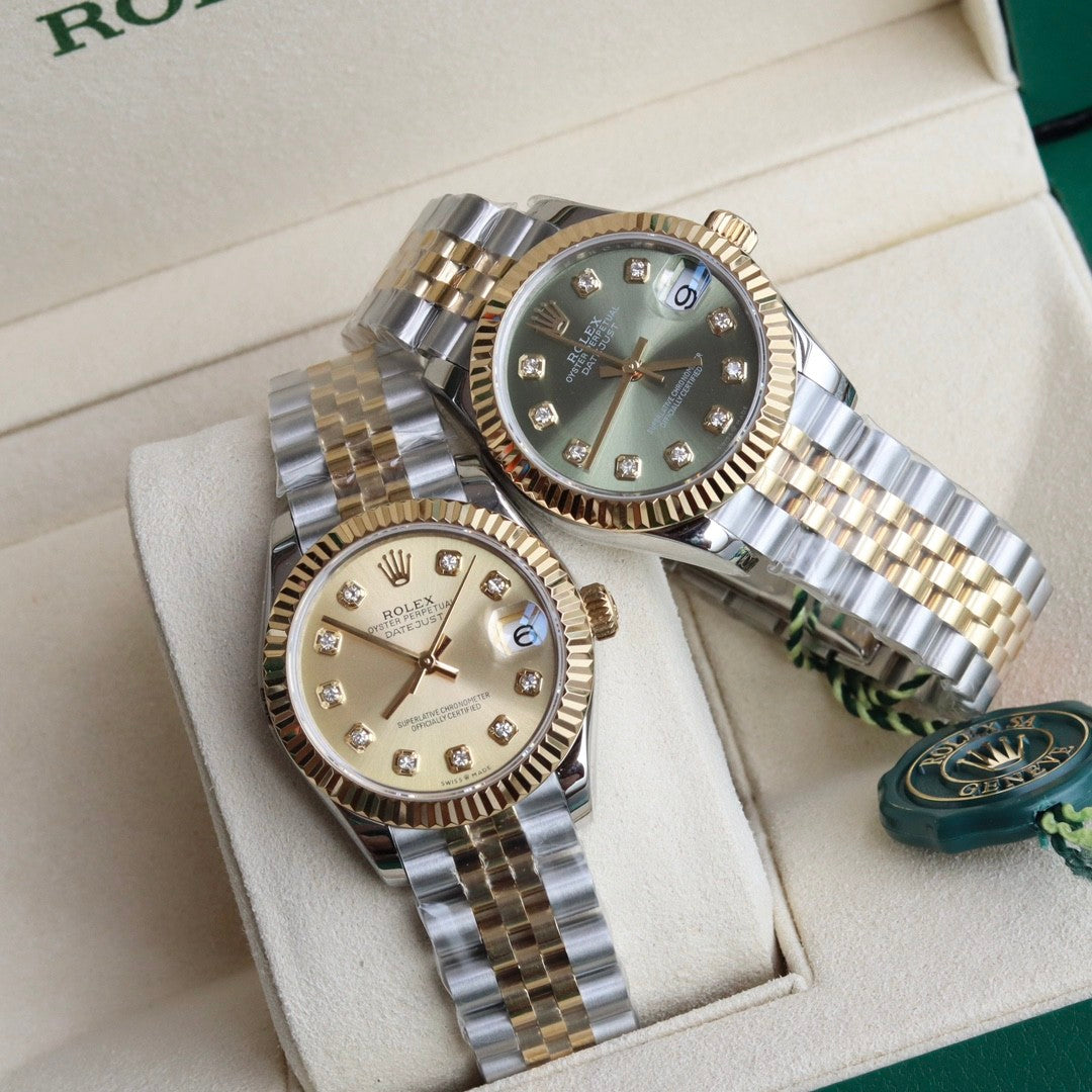 Rolex Women's Log-type Series Automatic Mechanical Movement Water-resistant Diamond-encrusted Green Dial Stainless Steel Bracelet 31mm Watch #77786