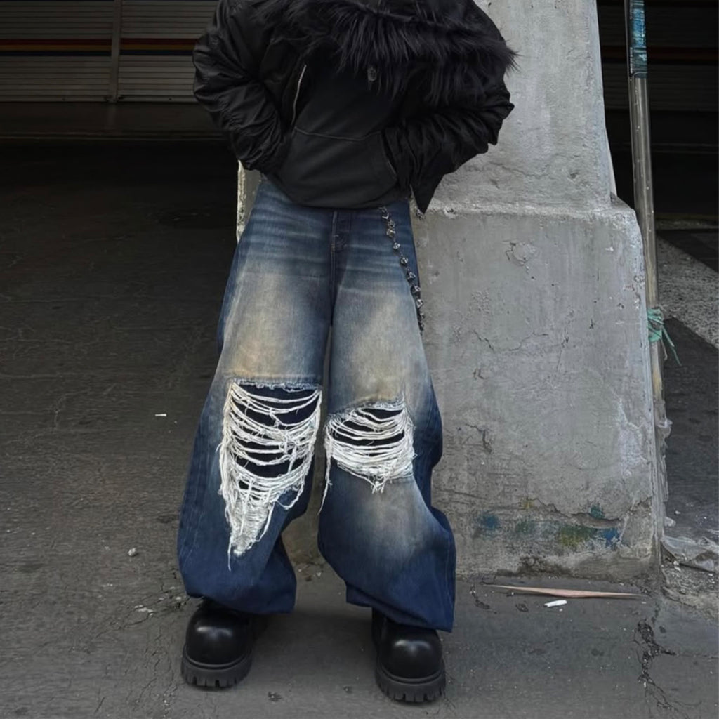 Vetements Men's Spring And Summer High-waisted Wide-leg Destruction Jeans Trend Retro Wide-leg Straight Pants Ngvp #1714