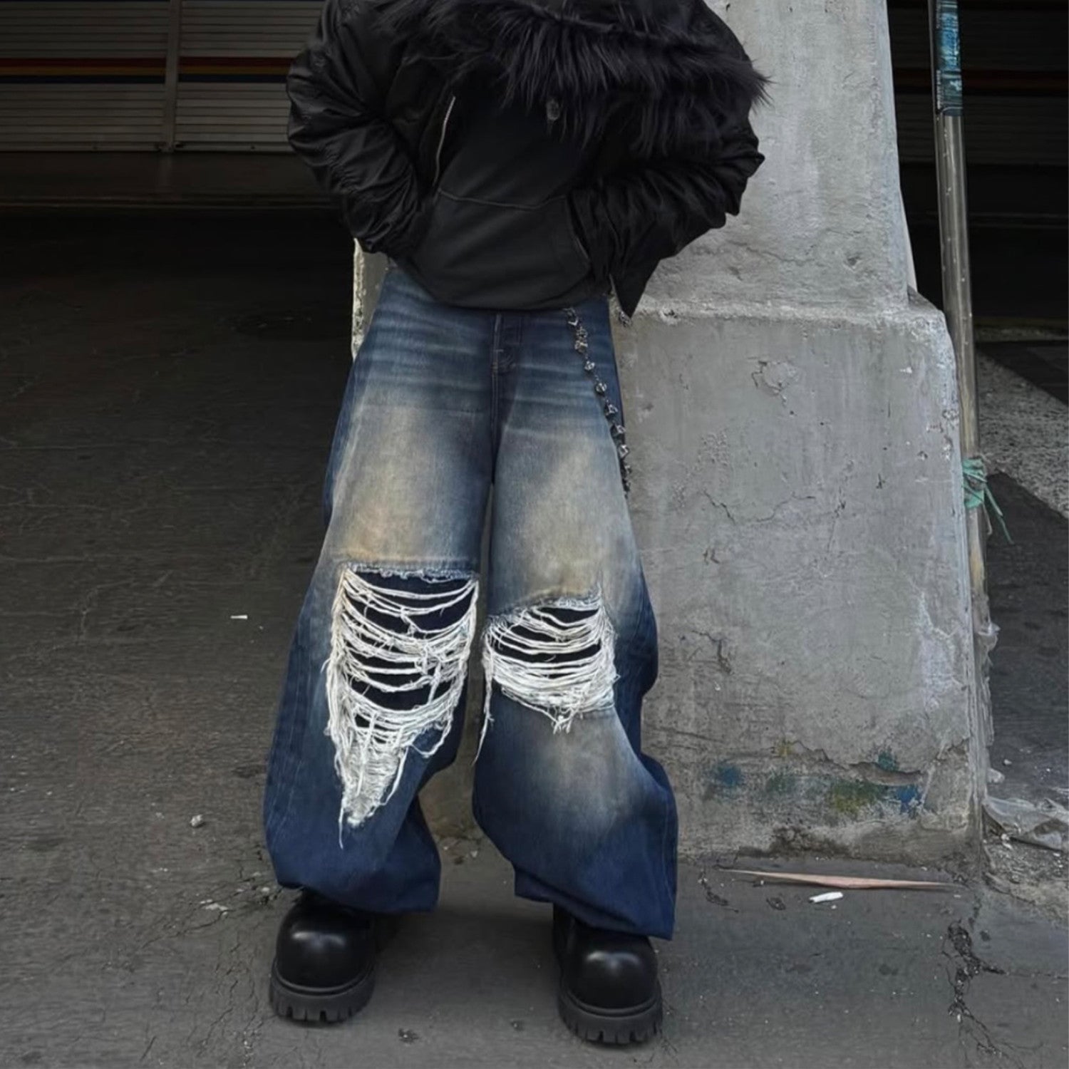 Vetements Men's Spring And Summer High-waisted Wide-leg Destruction Jeans Trend Retro Wide-leg Straight Pants Ngvp #1714