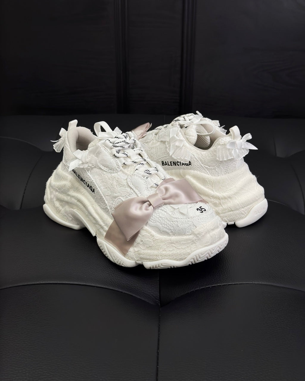Balenciaga Triple S Lace Women's Solid Color Bow-Decorated Low-Top Lace-Up Thick-Sole Sneakers Shoes #77559