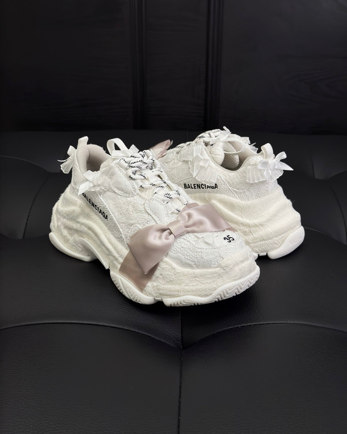 Balenciaga Triple S Lace Women's Solid Color Bow-Decorated Low-Top Lace-Up Thick-Sole Sneakers Shoes #77559