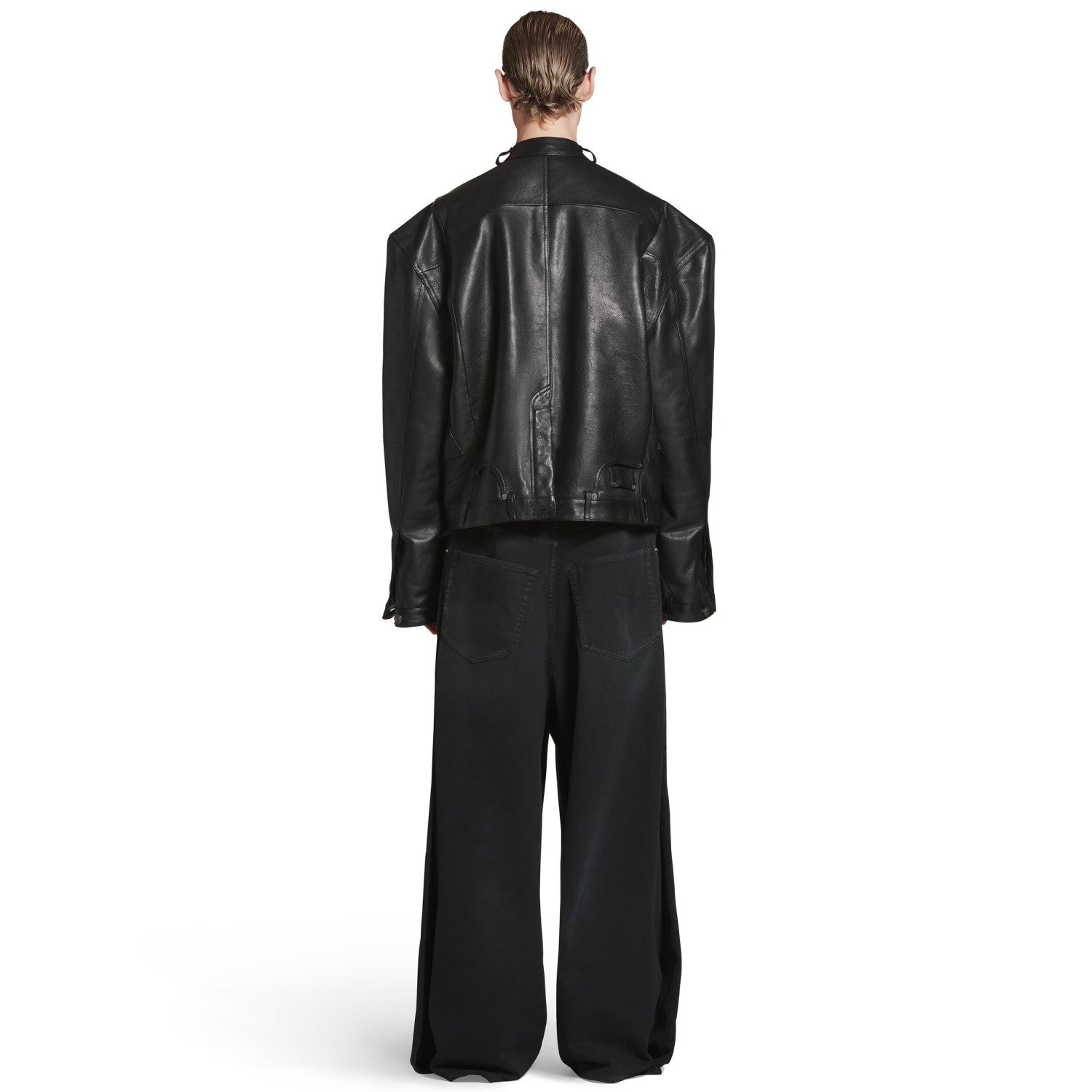 Balenciaga 25FW Cowhide Jacket Bew Double Zipper Ribbed Cuffs Leather Jacket Loose Version #332836