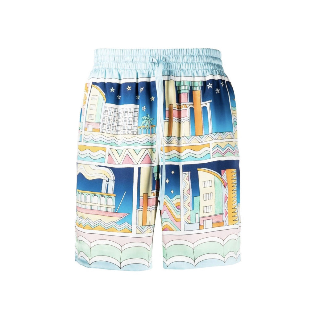 Casablanca Men's Summer City Print Single-Breasted Short-Sleeved Shirt and Casual Drawstring Shorts Set Suit #77128
