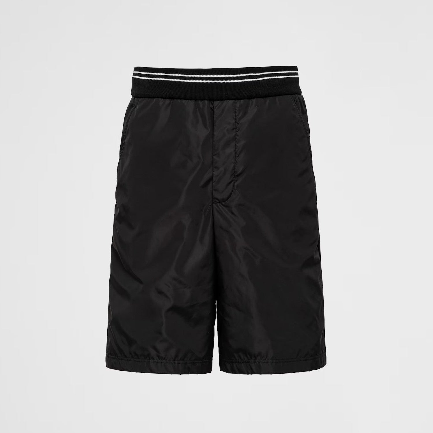 Prada Men's Summer Black Re-Nylon Detail Beaded Georgette Polo Shirt Short Sleeve Tee Striped Printed Bermuda Shorts Set Suit #99561