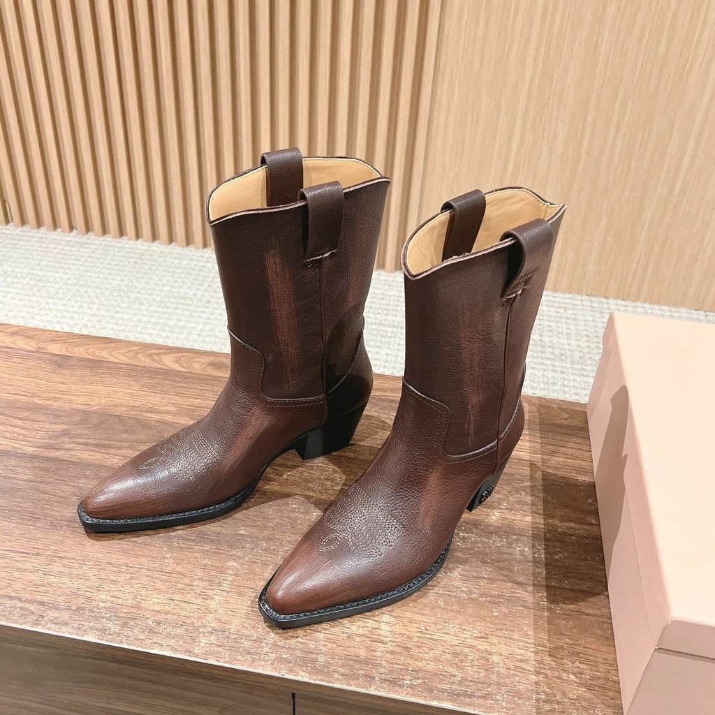 MiuMiu Women's Autumn/winter Fashion Classic Solid Color Retro Leather Pointed Toe High Heel High Boot Shoes #78435