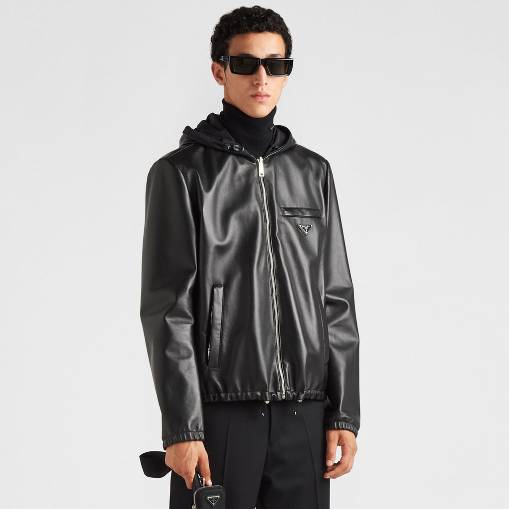 Prada Men's Fall/Winter Black Triangle Metal Label Lambskin Reversible Wearable Zipper Jacket #72112