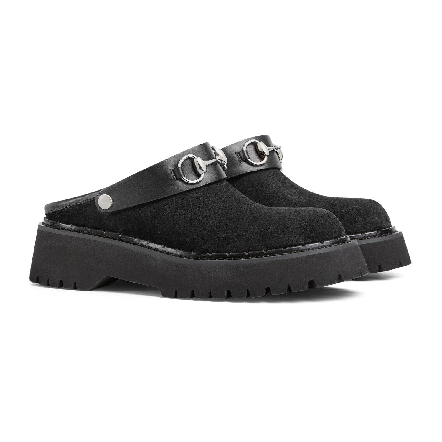 Gucci Women's Decorated Horsebit Buckle Mule Shoes Suede Leather Half Slippers Fashion Thick Bottom Height Increasing Shoes Heel Height:5cm  #81434
