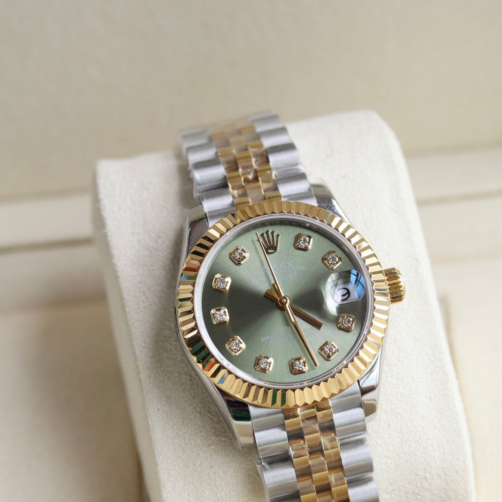 Rolex Women's Log-type Series Automatic Mechanical Movement Water-resistant Diamond-encrusted Green Dial Stainless Steel Bracelet 31mm Watch #77786