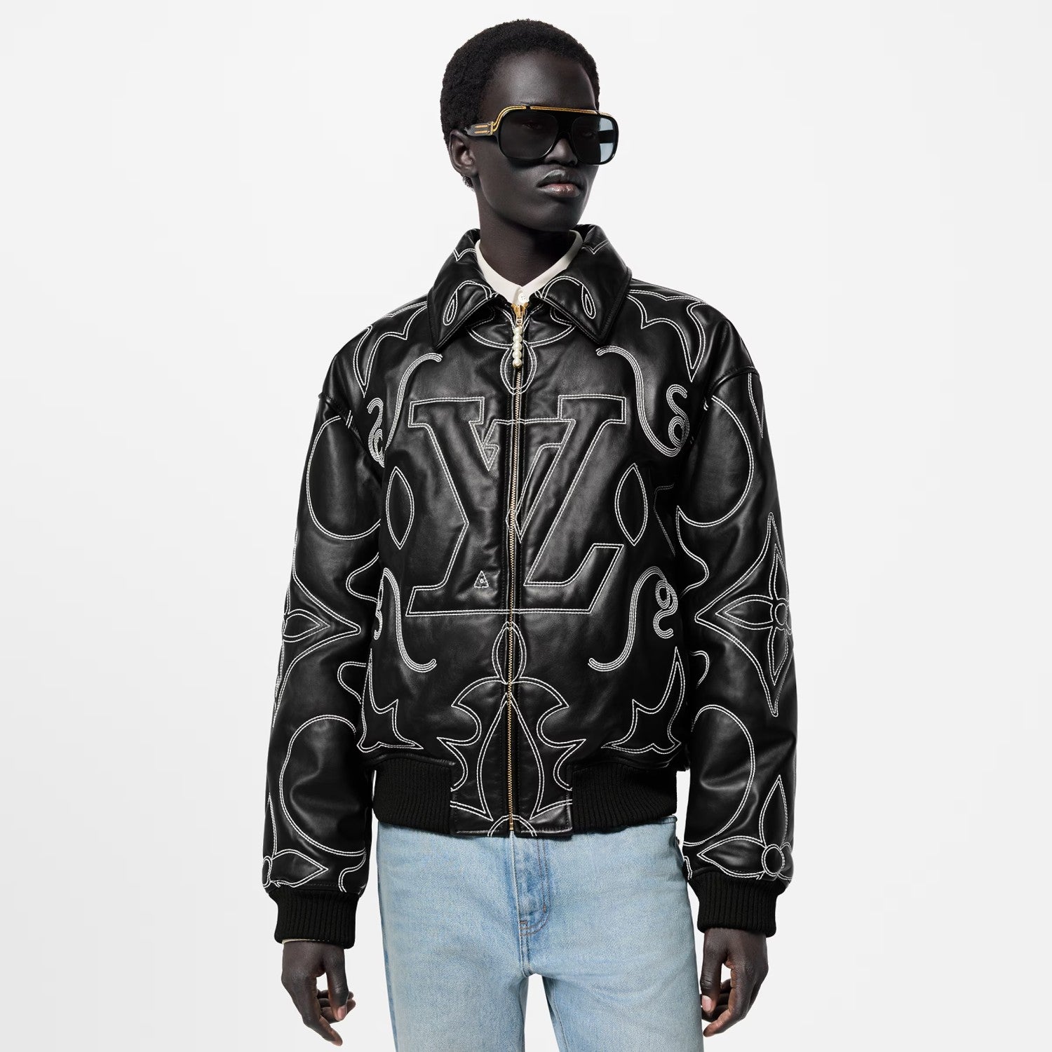 Louis Vuitton Men's Fall And Winter Black Full Print Pattern Lapel Zipper Long Sleeve Jacket #73431