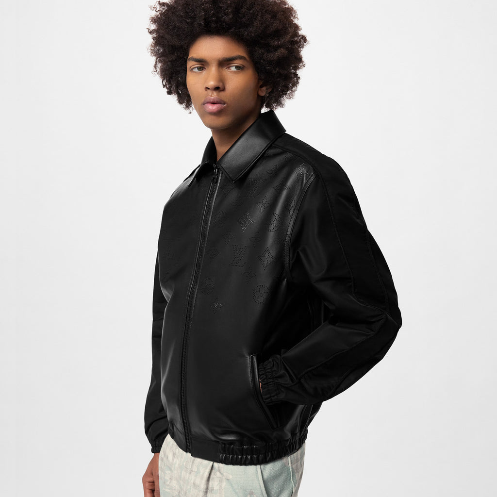 Louis Vuitton Perforated Mix Leather Blouson Men's Fall/Winter Black Zipper Long Sleeve Perforated Logo Mixed Leather Jacket #98653