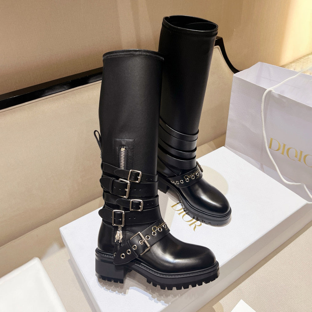 Dior D-Fight Women's Classic Trendy Round-Toe Zipper Chunky Heel Leather Knee-High Boots Shoes #78765
