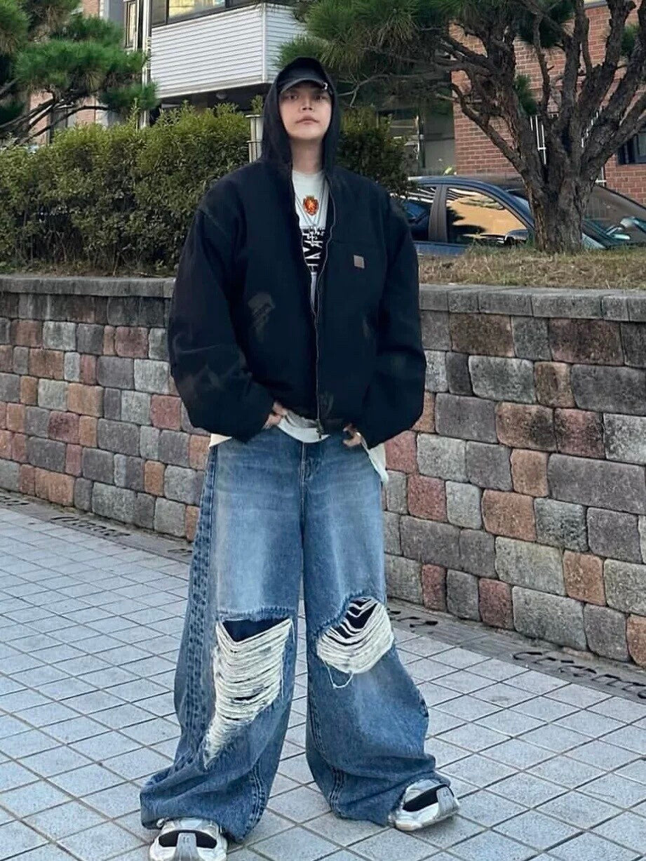 Vetements Men's Four Seasons Hole Blue Vintage Old Jeans Loose Straight Casual Wide Leg Pants Ngvp #9123