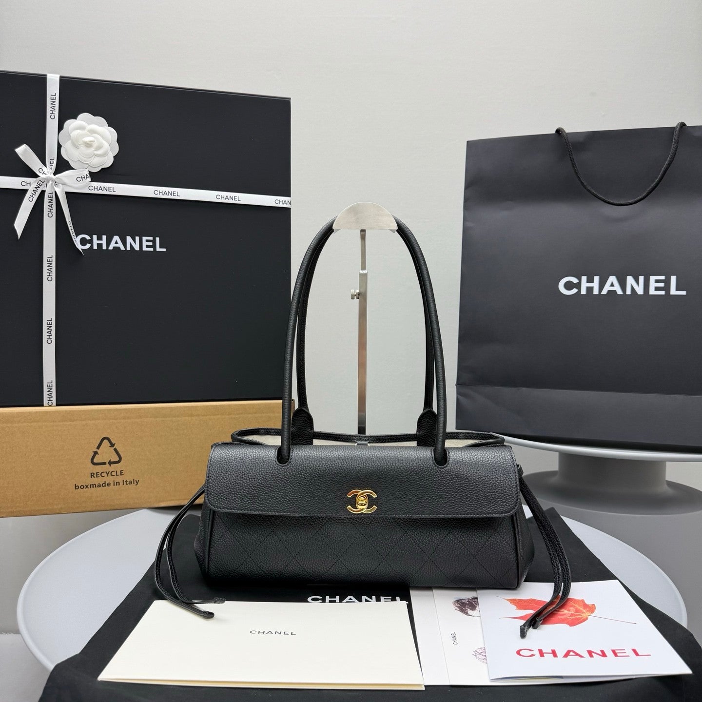 Chanel Small Shopping Bag Grained Calfskin Gold-tone Metal Black #380058