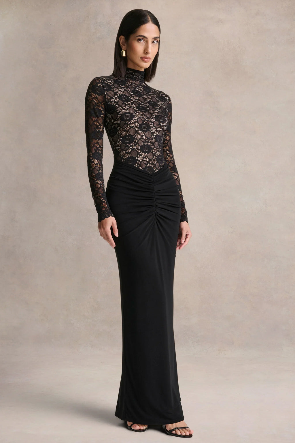 Justina | Black High-Neck Maxi Dress With Gathered-Detailing