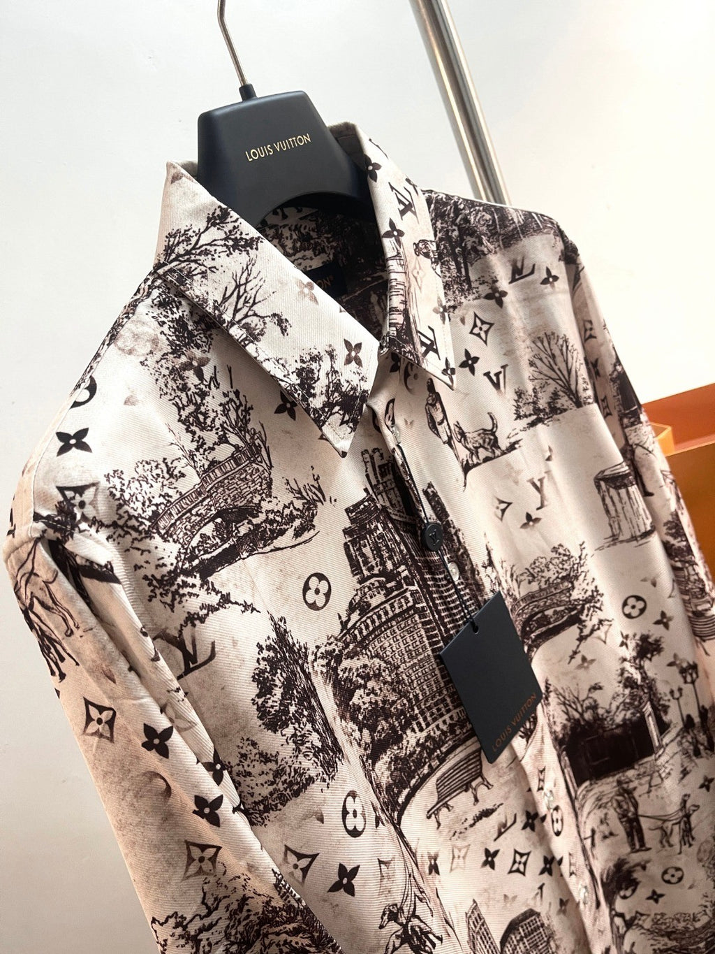 Louis Vuitton Men's Spring. Summer And Fall Logo Full Print Lapel Solid Color Long Sleeve Silk Shirt #71833
