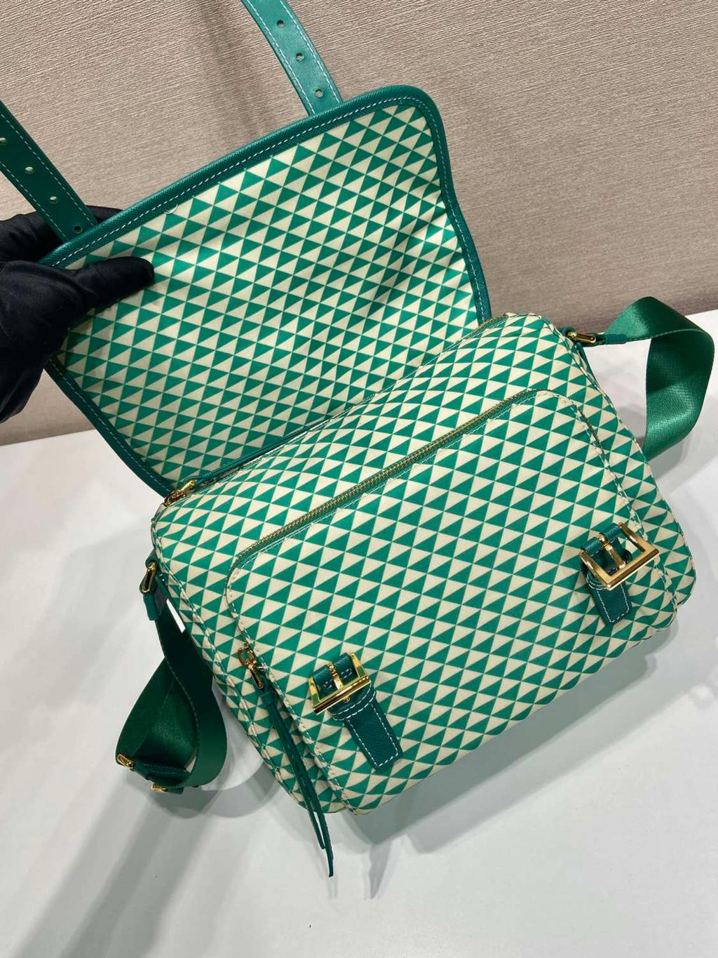Prada Women's Monogram Printed Classic Triangle Logo Recycled Nylon with Cow Leather Shoulder Bag Bags #75665