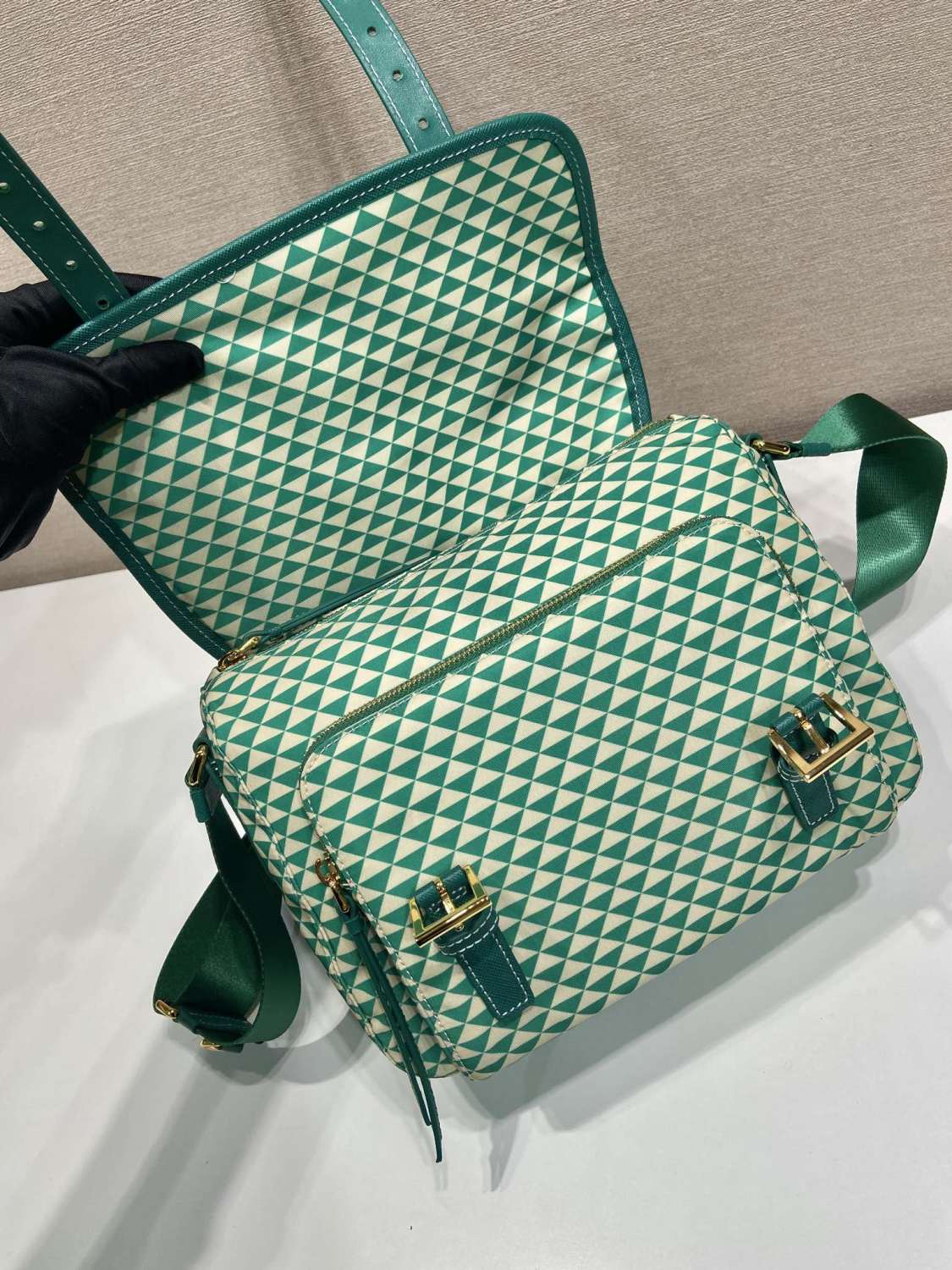Prada Women's Monogram Printed Classic Triangle Logo Recycled Nylon with Cow Leather Shoulder Bag Bags #75665