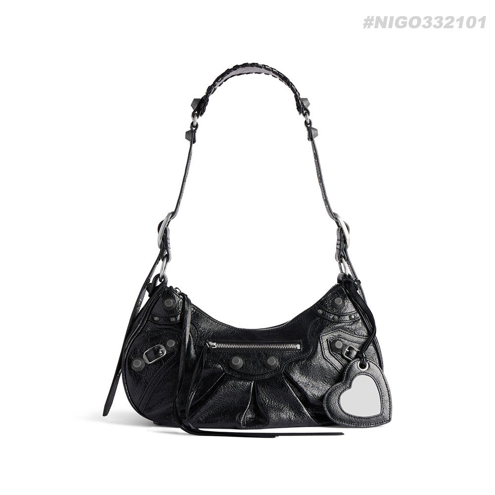 Balenciaga Le Cagole rivet silver buckle fine grain sheep leather half-moon bag crescent bag dumpling bag motorcycle bag armpit bag crossbody bag shoulder bag women's black #332101