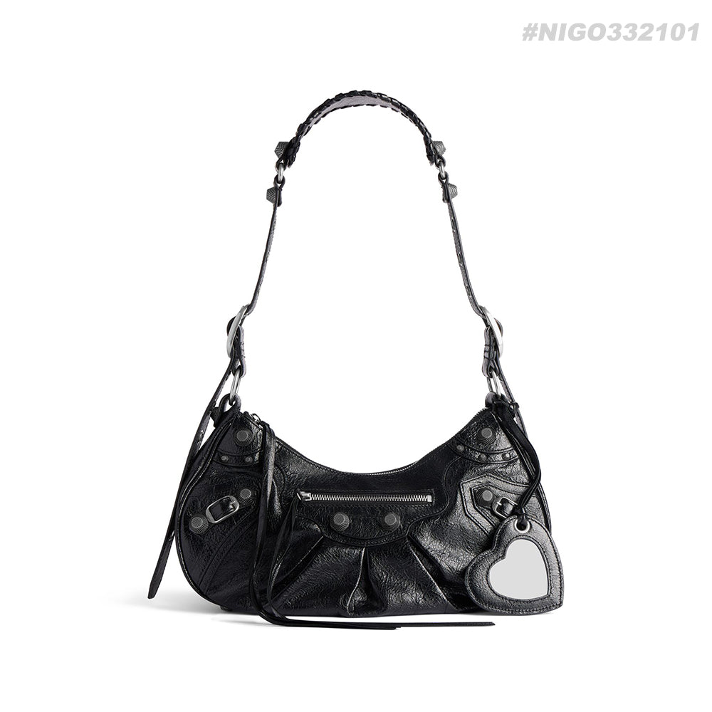 Balenciaga Le Cagole rivet silver buckle fine grain sheep leather half-moon bag crescent bag dumpling bag motorcycle bag armpit bag crossbody bag shoulder bag women's black #332101