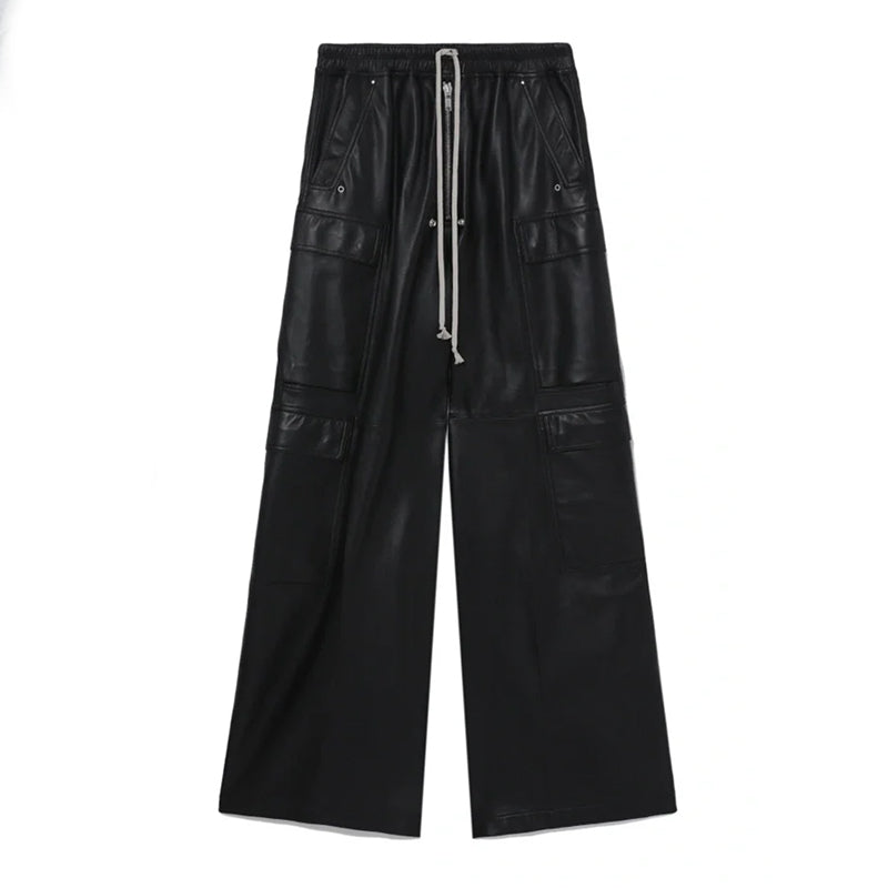 Rick Owens Men's Fashion Biker Retro Work Pants Zipper Drawstring Black Multi-pocket Loose Long Pants Ngvp #7442