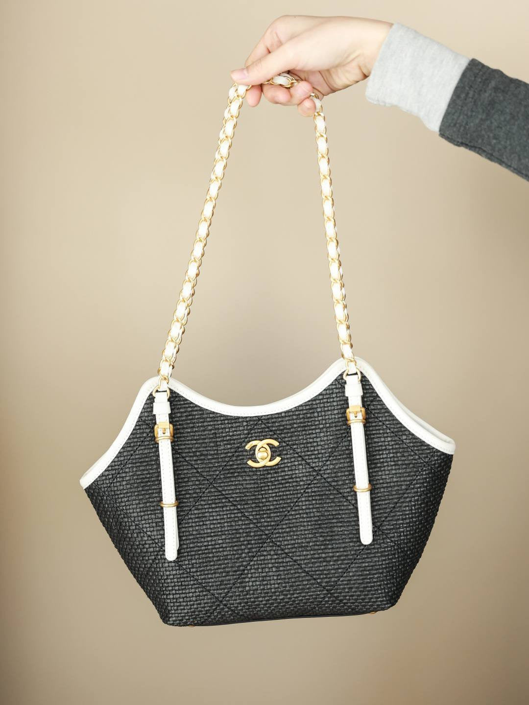CHANEL Maxi Shopping Bag Braided Raffia Calfskin Gold-tone Metal Dark Beige Black #376633